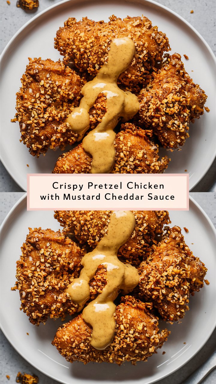 Crispy Pretzel Chicken with Mustard Cheddar Sauce